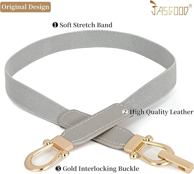 JASGOOD Women Skinny Elastic Belt for Dresses,Thin Retro Stretch Waist Belt with Golden Buckle
