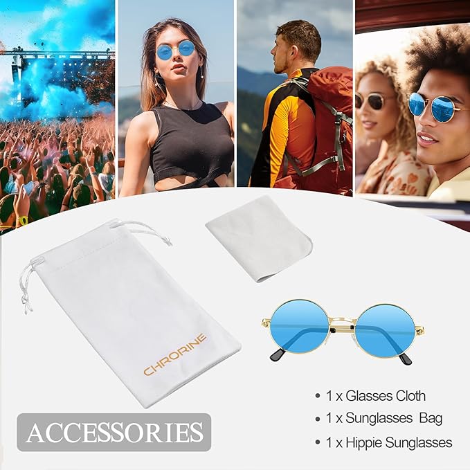 CHRORINE Hippie Sunglasses Round 70s Retro Glasses for Women Men Party Accessory Festival Fashion Vintage Sunglasses