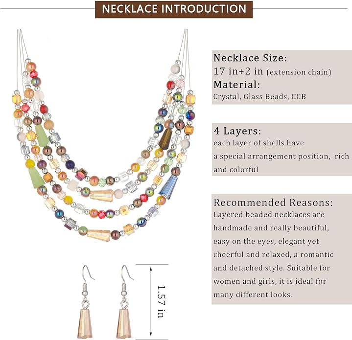 Layered Beaded Statement Necklace Multi Strand Crystal Beads Collar Necklace and Earring Sets for Women Fashion Costume Jewelry Set Gifts for Her