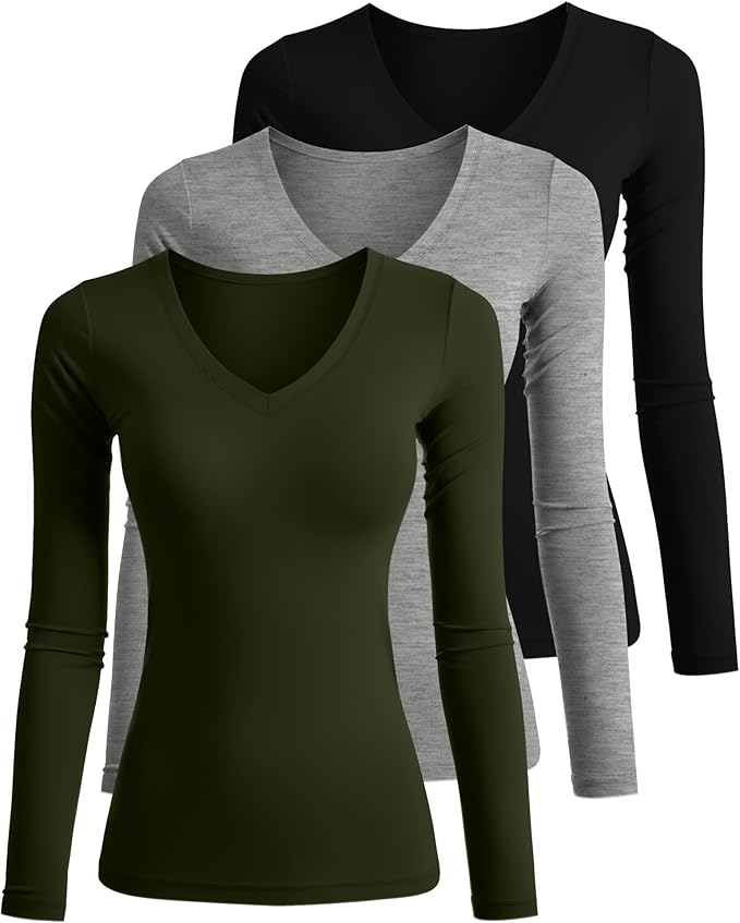 Ficerd 3 Pack Women's Long Sleeve Shirts, V Neck Basic Tees Slim Fitted Casual Fall Tops Going Out Blouses T Shirts