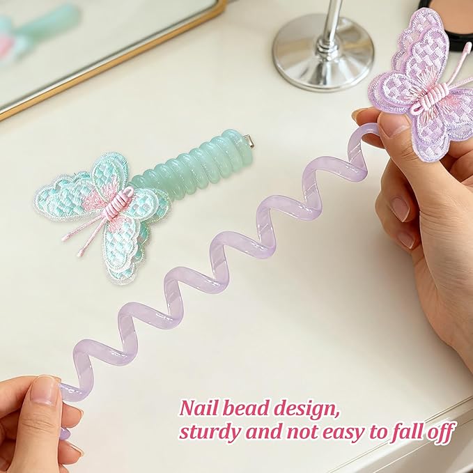 5PC Pearl Butterfly Telephone Wire Hair Ties – Spiral Elastic Bubble Ponytail Hair Bands for Women & Girls, No Damage, Soft & Stretchy Hair Accessories for High Ponytails and Braids(set-A)
