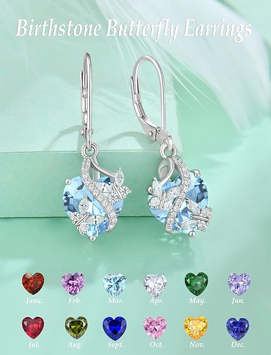 Butterfly Earrings for Women 925 Sterling Silver Heart Earring Birthstone Jewelry