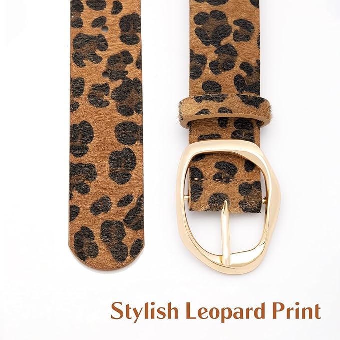 Women’s Leopard Print Leather Belts for Women, Cheetah Print Belt with Gold Buckle, Width 1.46"