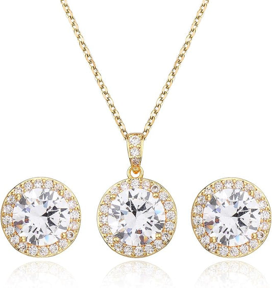Bridal Crystal Jewelry Set - Sterling Silver Round Cubic Zirconia CZ Rhinestone Halo Birthstone Pendant Necklace Stud Earrings Set for Wedding Bride Bridesmaids Birthday Gift