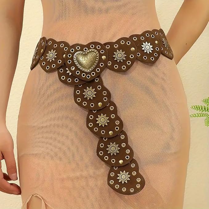 Wide Disc Belt for Women Vintage Hollow Boho Leather Belt Western Chunky Waist Belt Cowboy Metal Buckle Concho Belts