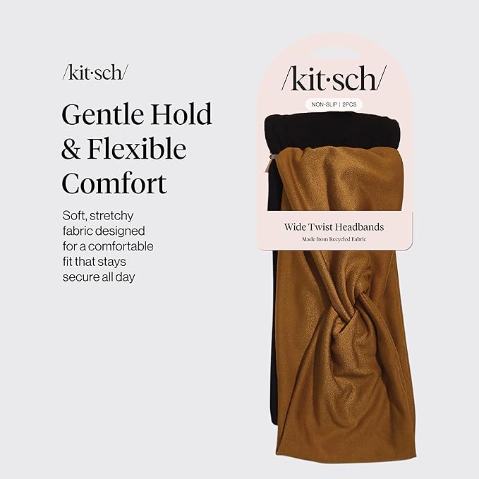 Kitsch Wide Headbands for Women - Fashion Sports Headband for Workout, Yoga, Gym, Running, Exercise | Stretchy Head Bands | Ideal Gifts for Women - Black and Camel, 2pcs