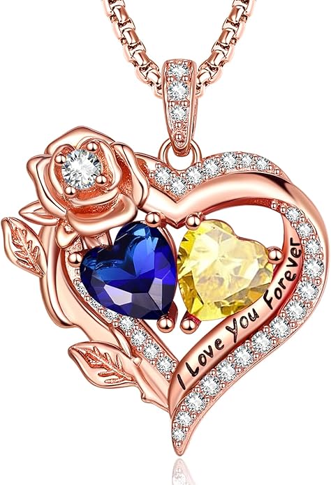 Rose Heart Necklaces for Women, Rose Gold Forever Love Jewelry with 2 Birthstones Pendant, Christmas Anniversarry Birthday Gifts for Her Wife Mom Grandma, 18+2 Inch Chain