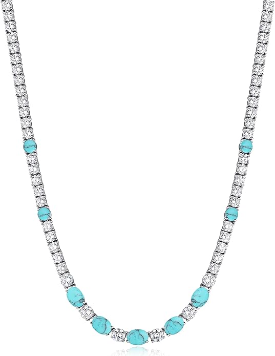 FANCIME Sterling Silver Tennis Necklace 4mm 18 inch Birthstone Necklace with 6 * 8mm Oval Gemstone Luxury Fine Birthday Jewelry Gifts for Women