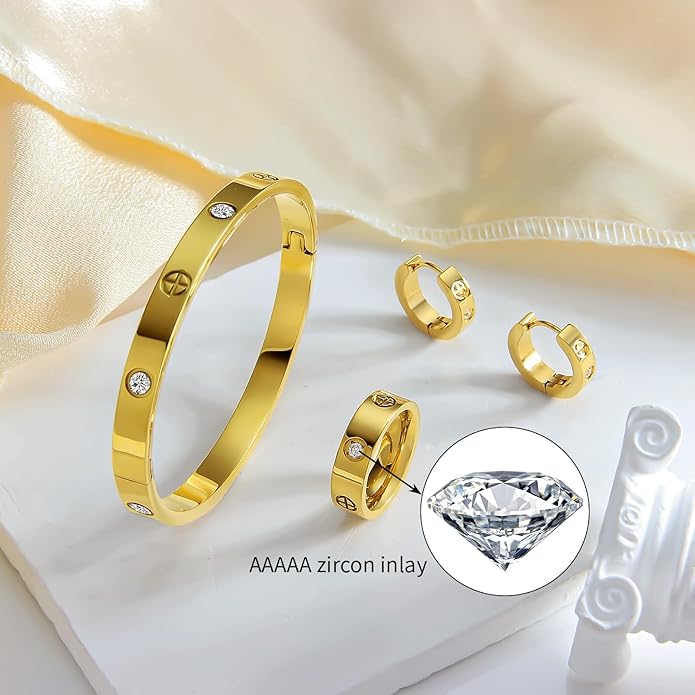 3 Pcs Hoop Earrings Bracelets Ring Sets for Women-18K Gold Plated Love Bracelet Cubic Zirconia Cuff Bangle Hoop Earrings Friendship Love Ring Jewelry Set,Wedding Party Christmas Valentine's Day Birthday Gifts for Her Girlfriend Sister Daughter