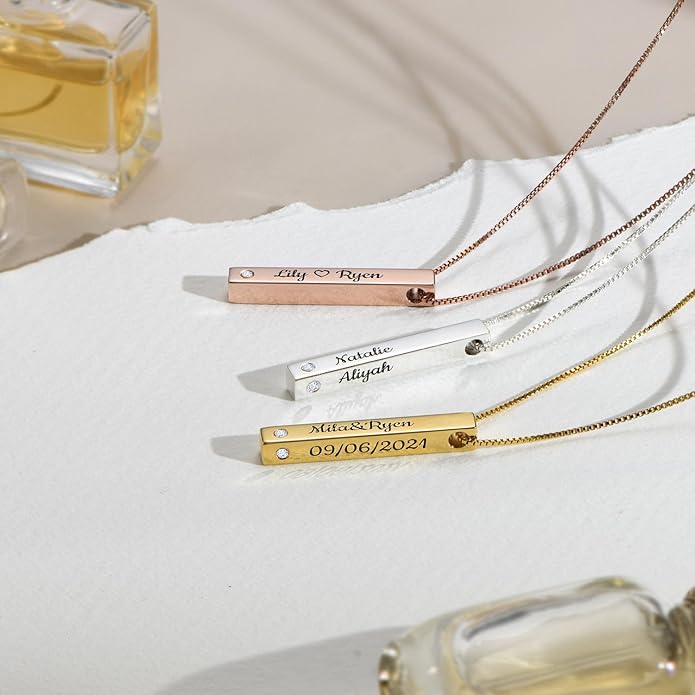 OAK & LUNA - Personalized Pillar Bar Necklace with Diamond Options - Custom Inscription Engraved Pendant - Up to 4 Names - Jewelry Gift for Women, Her, Mother For Mother's Day, Christmas
