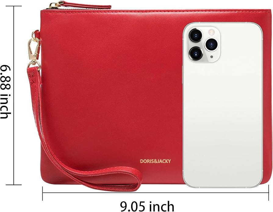 DORIS&JACKY Lambskin Leather Wristlet Clutch Purse for Women Soft Designer Slim Cell Phone Pouch Bag with Detachable Strap