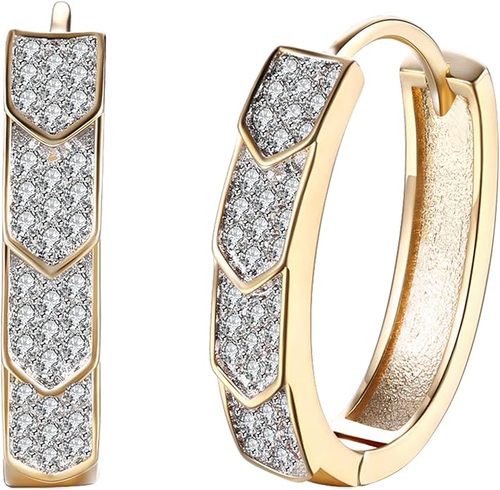 14K Gold Plated Cubic Zirconia Hoop Earrings,Three Row Diamon | Arrows | Double Row of Diamonds Huggie Earrings for Women