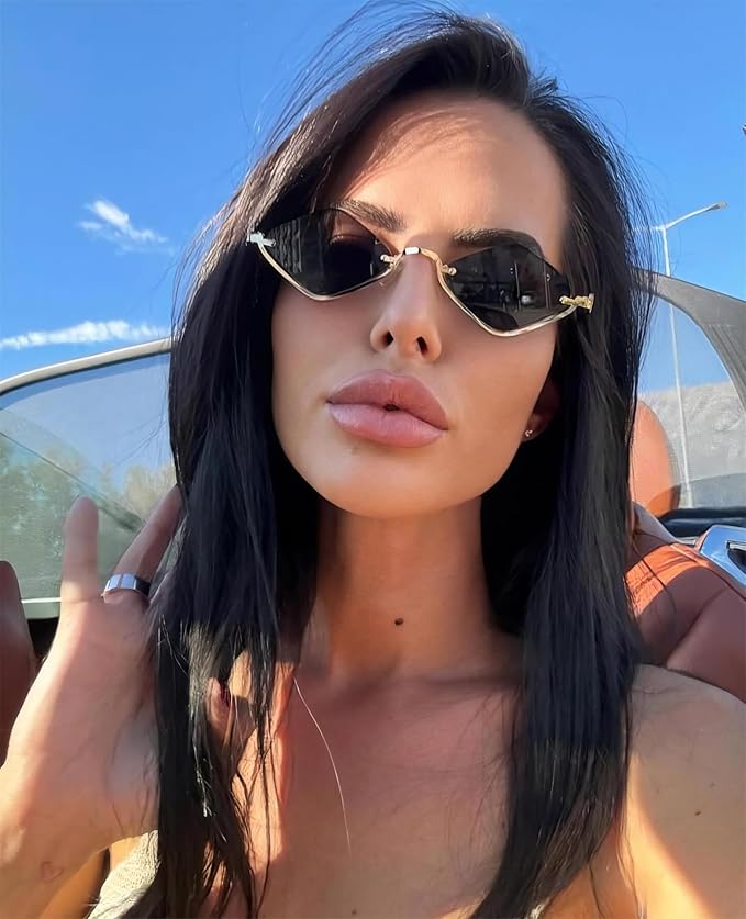 Retro Y2k Sunglasses for Women Men,Trendy Semi-Rimless Sun Glasses Irregular Narrow Gold Sunnies UV400
