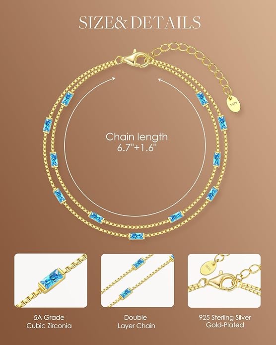 LOUISA SECRET Birthstone Bracelets for Women, 925 Sterling Silver Dainty Simple Women Charm Link Bracelet, Birthday Anniversary Christmas Jewelry Gifts for Women Wife Mom Her