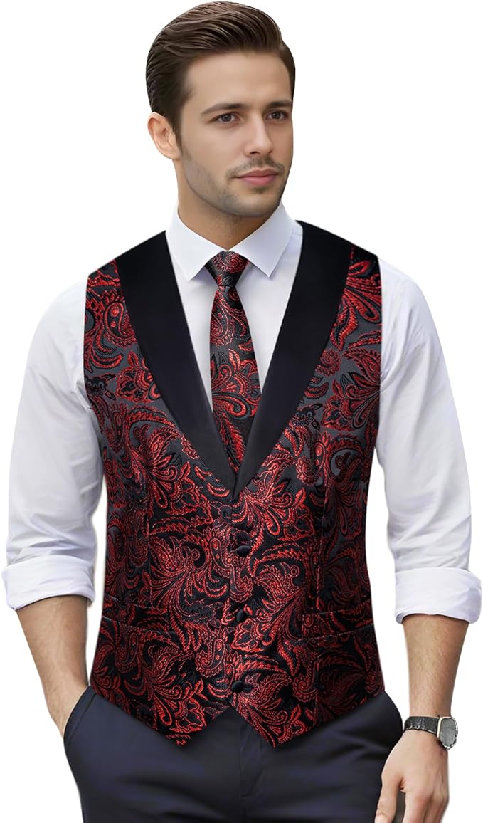 DiBanGu Mens Paisley Suit Vest Silk Jacquard Waistcoat and Necktie Set Formal Shawl Collar Dress Vest 7PCS for Wedding Party
