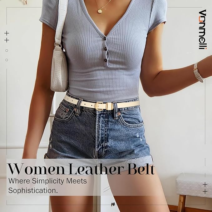 VONMELLI Womens Skinny Leather Belt Thin Waist Belts for Women Fashion Dress Jeans with Gold Buckle