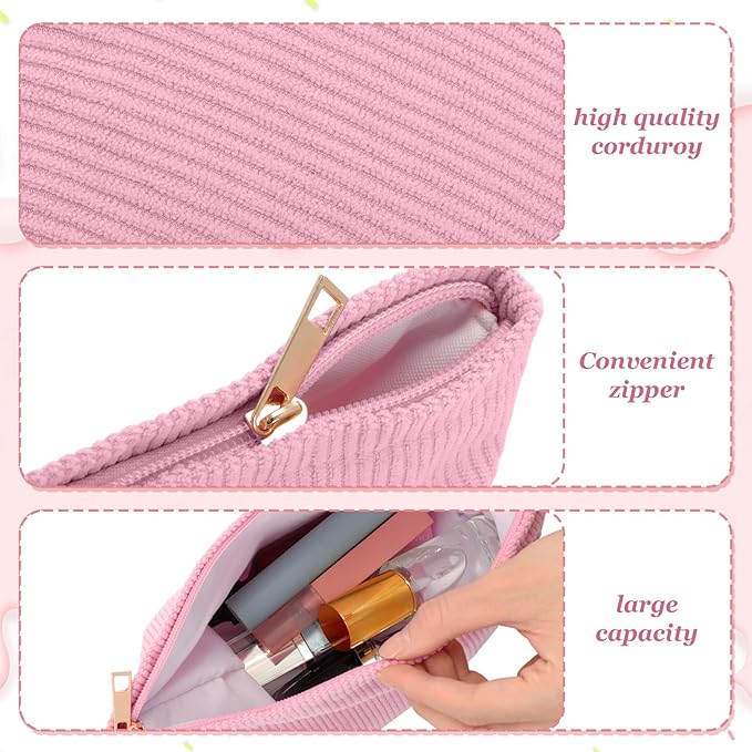 Sanwuta 3 Pack Corduroy Makeup Bag Set Cosmetic Toiletry Travel Pouch Organizer Velvet Makeup Bag for Women Large Pouch Zipper Purse Make up Organizer, Women Girls Gift(Peach Pink)