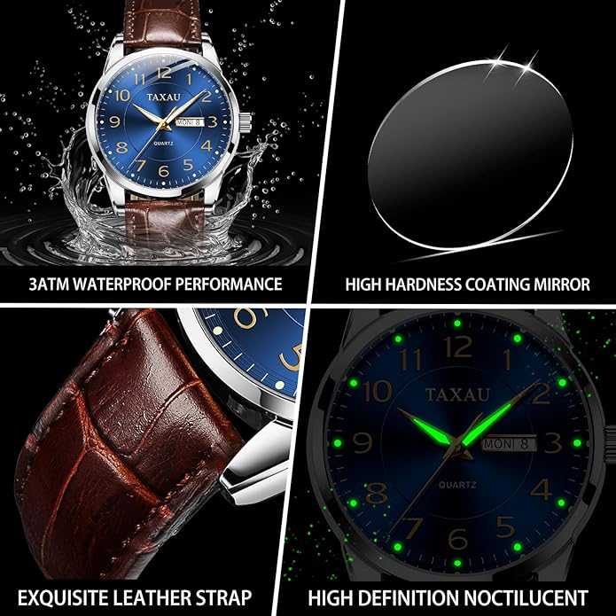 Watch Men,Big Face Watch for Men,Leather Band Wrist Man Watches,Classic Date Day Watches Mens Analog Waterproof Relojes para Hombres Blue/Gray/White/Black Dial