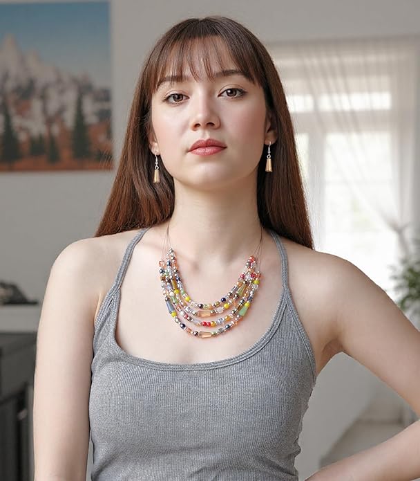 Layered Beaded Statement Necklace Multi Strand Crystal Beads Collar Necklace and Earring Sets for Women Fashion Costume Jewelry Set Gifts for Her