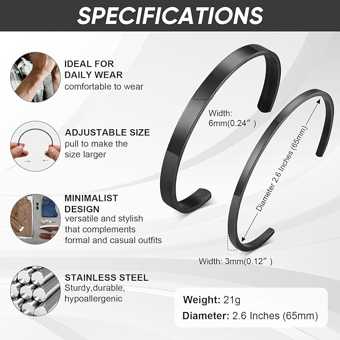 MEALGUET Stainless Steel Mens Cuff Bracelet : Minimal Cool Silver/Black/Gold Plated Open Metal Cuff Bangle Bracelets for Men,Mens Bracelet Jewelry Gift