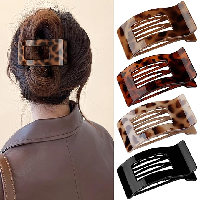 Oeusnae 4 PCS Flat Hair Clips for Women Girls, French Concord Lay Down Claw Clips for Thick Thin Hair, Comfortable Curved Large Flat Clip, Leopard Print Stylish Strong Hold Hair Accessories, Tortoise