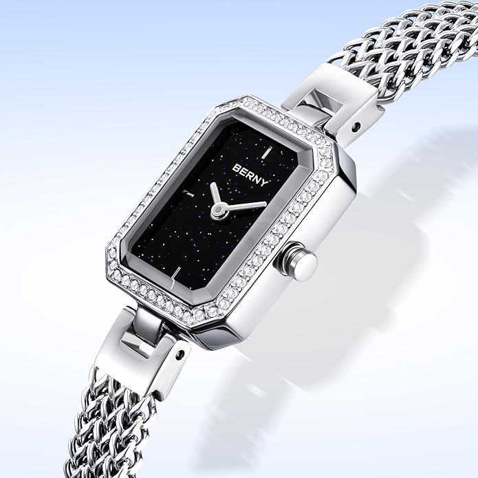 BERNY Silver Watches for Women Ladies Wrist Watch and Bracelet Set Dainty Quartz Bracelet Watch Premium Crystal Accented Fashion Luxury Birthday Present for Women