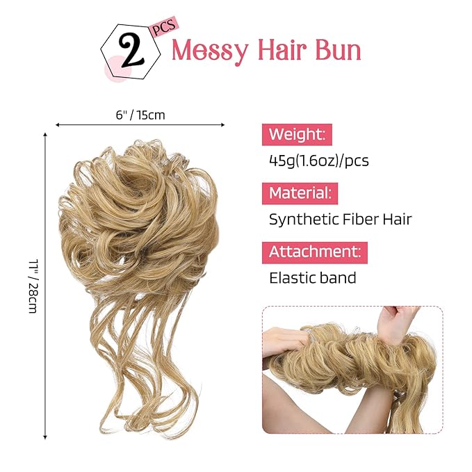 HOOJIH 2PCS Messy Bun Hair Piece, Tousled Updo with Tendrils Hair Bun Extensions Wavy Curly Hair Wrap Ponytail Hairpieces Hair Scrunchies for Women HB010 Dasiy - Medium Golden Blonde