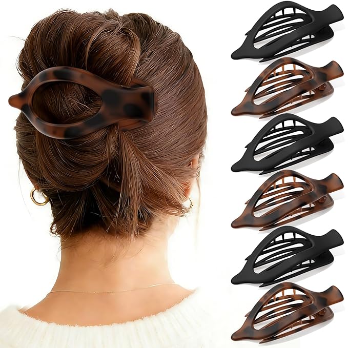 6 PCS Large Flat Hair Clips for Women, French Concord Lay Down Claw Clips for Thick Thin Hair, Comfortable Curved Side Clips, Matte Non-slip Strong Hold Hair Accessories, Tortoise & Black