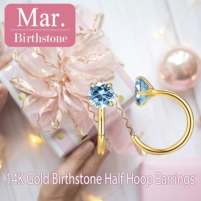 14K Gold Birthstone Huggie Half Hoop Earrings for Women,Round-cut Created Gemstone Minimalist Tiny Earring(4MM*2) Anniversary Birthday Mother's Day Jewelry for Mom Her