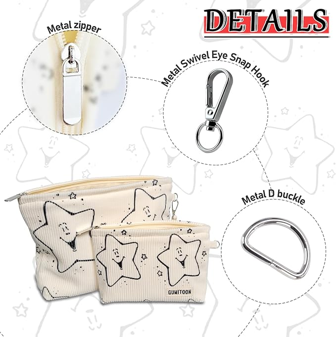 2pcs Star Corduroy Makeup Bag for woman-aesthetic cute stuff as pouch case and purse organizer for girl-cosmetic travel toiletry bag small baggu glossier