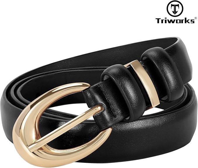 TRIWORKS Women Leather Belt for Jeans Pants Fashion Ladies Skinny Faux Leather Dress belt with Gold Buckle