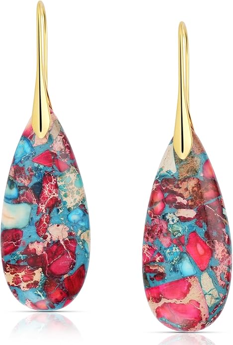 Emperor Stone Dangle Earrings for Women - Natural Healing Crystal Earrings with Gold Fishhooks in Soothing Colors, Unique Personalized Valentine‘s Day Gift Set for Her