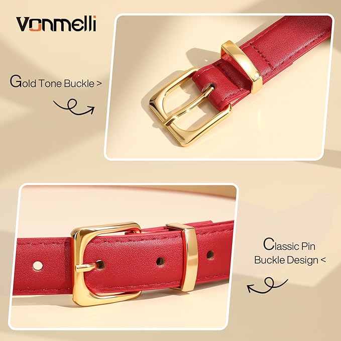 VONMELLI Womens Thin Leather Belt for Jeans Pants Dress Fashion Skinny Belt with Gold Buckle for Women