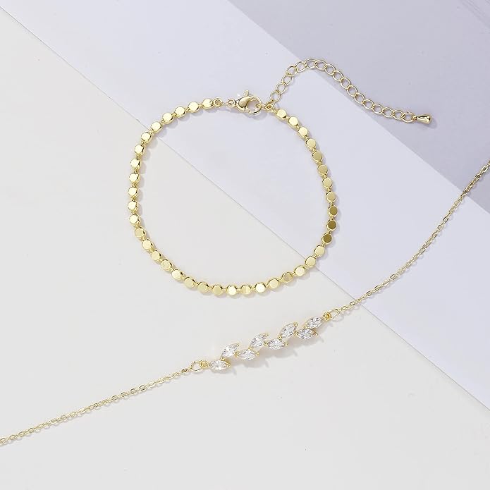 MIDEEO Bracelets for Women Dainty Layered Herringbone Twisted Rope Chain Bracelets Set Layering Dot CZ Leave Beaded Bracelets Dainty Cubic Zirconia Tennis Chain Bracelet Jewelry Gifts