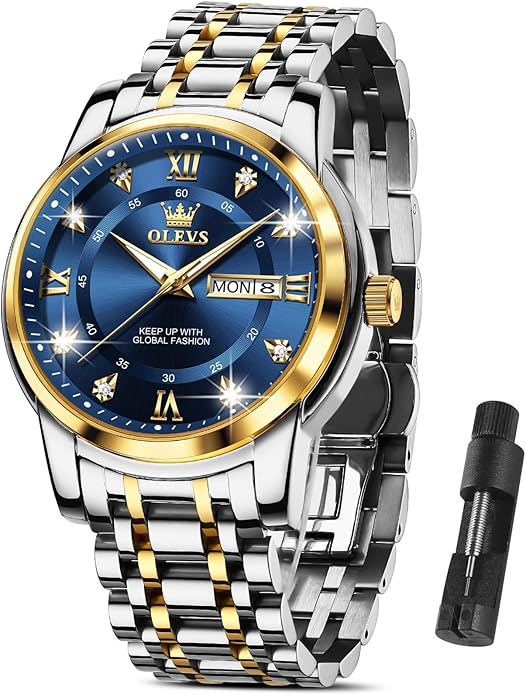 OLEVS Classic Men Watches with Date,Stainless Steel Man Watch with Date, Bussiness Watches for Men,Luminous Quartz Mens Watches Black/White/Blue/Gold, Waterproof Male Watch with Week