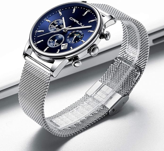CRRJU Men's Fashion Casual Watches Auto Date Chronograph Watch Men Nice Work Watches Waterproof 30M Full Steel Quartz with Mesh Strap