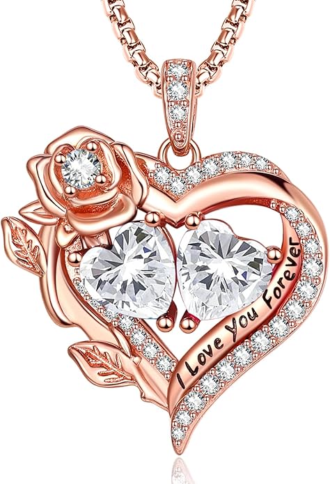 Rose Heart Necklaces for Women, Rose Gold Forever Love Jewelry with 2 Birthstones Pendant, Christmas Anniversarry Birthday Gifts for Her Wife Mom Grandma, 18+2 Inch Chain