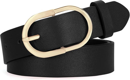 SANSTHS Women Faux Leather Chic Belts for Jeans Pants Fashion Ladies Belt Solid Color with Gold Curved Pin Buckle