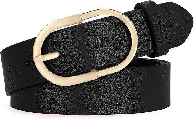SANSTHS Women Faux Leather Chic Belts for Jeans Pants Fashion Ladies Belt Solid Color with Gold Curved Pin Buckle