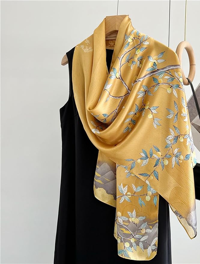 100% Mulberry Silk Scarfs for Women Floral Print Satin Long Scarf for Headscarf Hair Wraps Shawl with Gift Packed