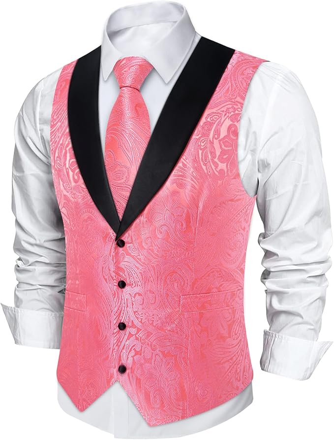 DiBanGu Mens Paisley Suit Vest Silk Jacquard Waistcoat and Necktie Set Formal Shawl Collar Dress Vest 7PCS for Wedding Party