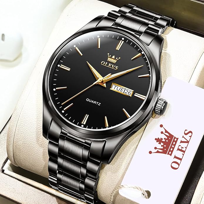 OLEVS Classic Men Watches with Date,Stainless Steel Man Watch with Date, Bussiness Watches for Men,Luminous Quartz Mens Watches Black/White/Blue/Gold, Waterproof Male Watch with Week
