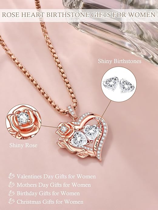 Rose Heart Necklaces for Women, Rose Gold Forever Love Jewelry with 2 Birthstones Pendant, Christmas Anniversarry Birthday Gifts for Her Wife Mom Grandma, 18+2 Inch Chain