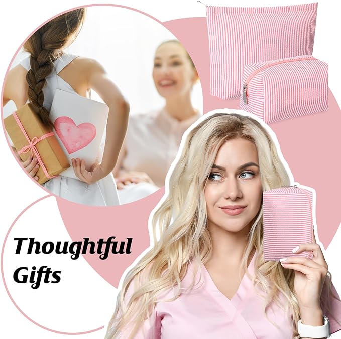 2 Pieces Makeup Bag Set Cute Cosmetic Pouch for Women Seersucker Travel Toiletry Bag Preppy Small Makeup Purse Pouch Aesthetic Skincare Brushes Storage Organizer for Christmas Women(Rose Pink)