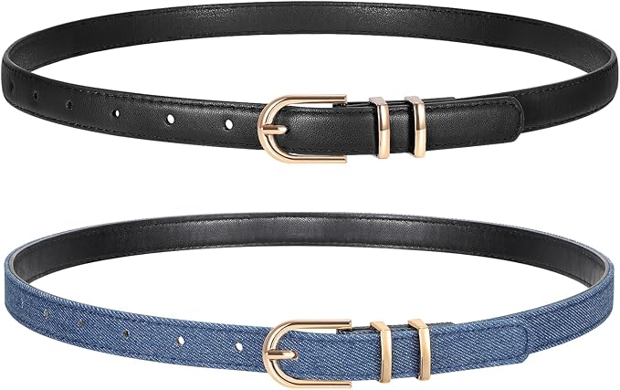 2 Pack Women Skinny Leather Belts for Jeans Pants Thin Faux Leather Belt with Gold Buckle