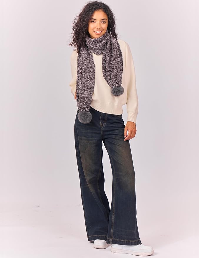 Womens Chenille Scarf with Pompom Winter Knit Warm Scarves for Cold Weather with Gift Box