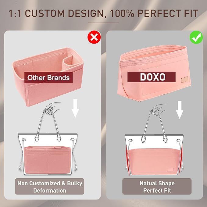 Doxo Purse Organizer Insert & Base Shaper 2pc Set, Felt Handbag & Tote Bag Fit L Speedy 30 Nererfull PM More(Pink,Medium-Combination)