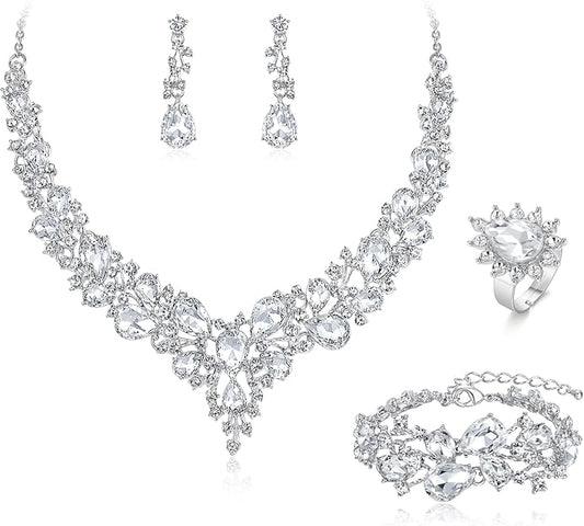 BriLove Wedding Bridal Jewelery for Women Austrian Crystal Teardrop Cluster Statement Necklace Dangle Earrings Link Bracelet Set