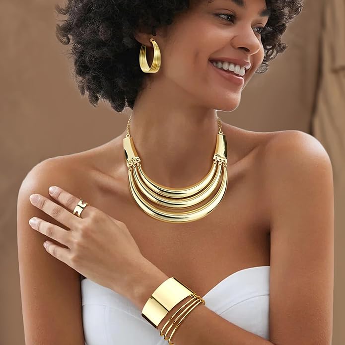 JOERICA Bib Choker Necklace Silver Gold Jewelry Set Wide Cuff Bangle Bracelet Open Hoop Earrings Adjustable Ring Chunky Silver Gold Statement Costume Jewelry Set for Women