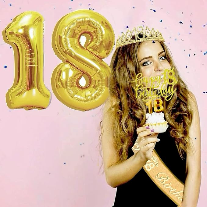 18th Birthday Decorations for Her Girls Set, Include 18th Birthday Crown and 18 Sash, 18th Birthday Cake Topper and 18 Birthday Candles, Gold 18 Balloons, Women 18th Party Supplies(Gold)
